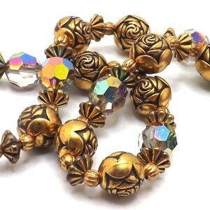 Vintage Aurora Borealis Crystals Rose Bead Necklace, 22 Inch, Spring Ring Clasp